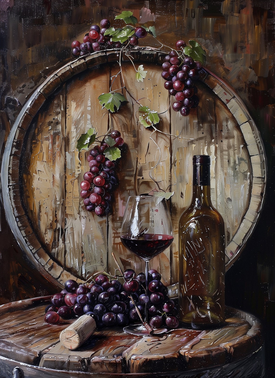 Red Wine Still Life With Barrel Grapes Bottle and Glass Poster - Image 2