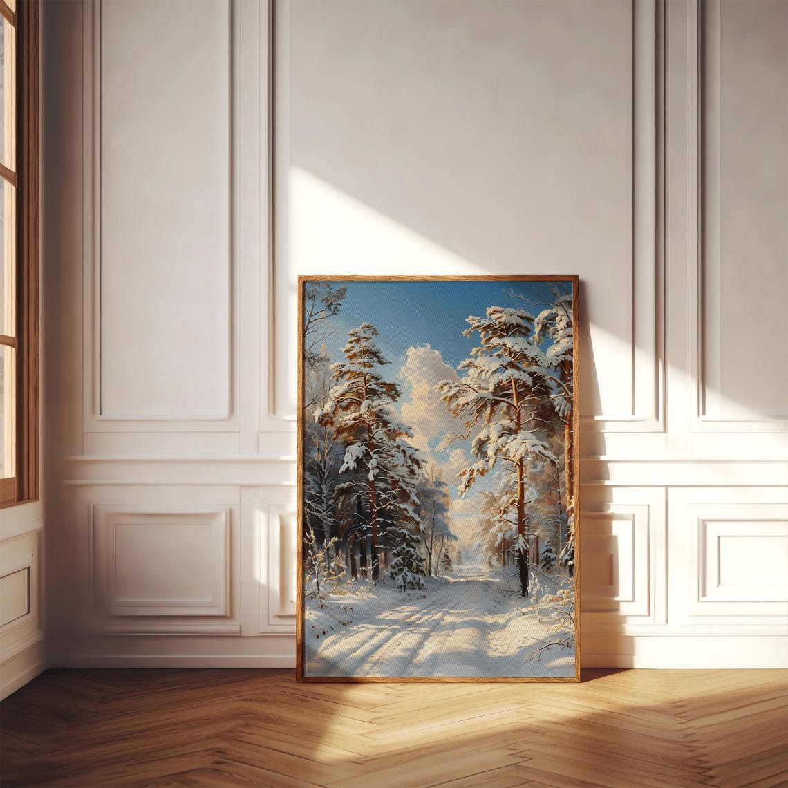 Snowy Pine Forest with Sunlit Path Winter Wonderland Art Poster - Image 3