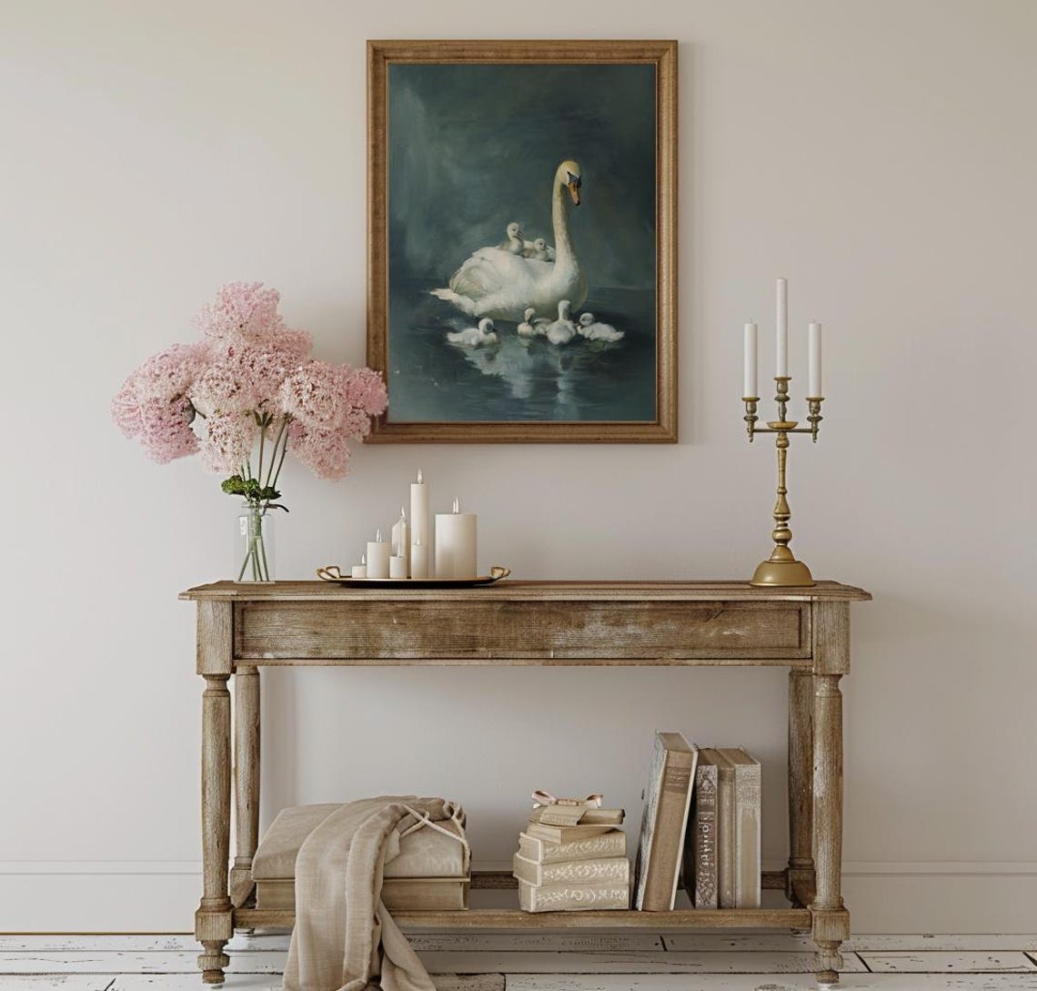 Swan Mother with Cygnets on Dark Teal Water Moody Nursery Poster - Image 4