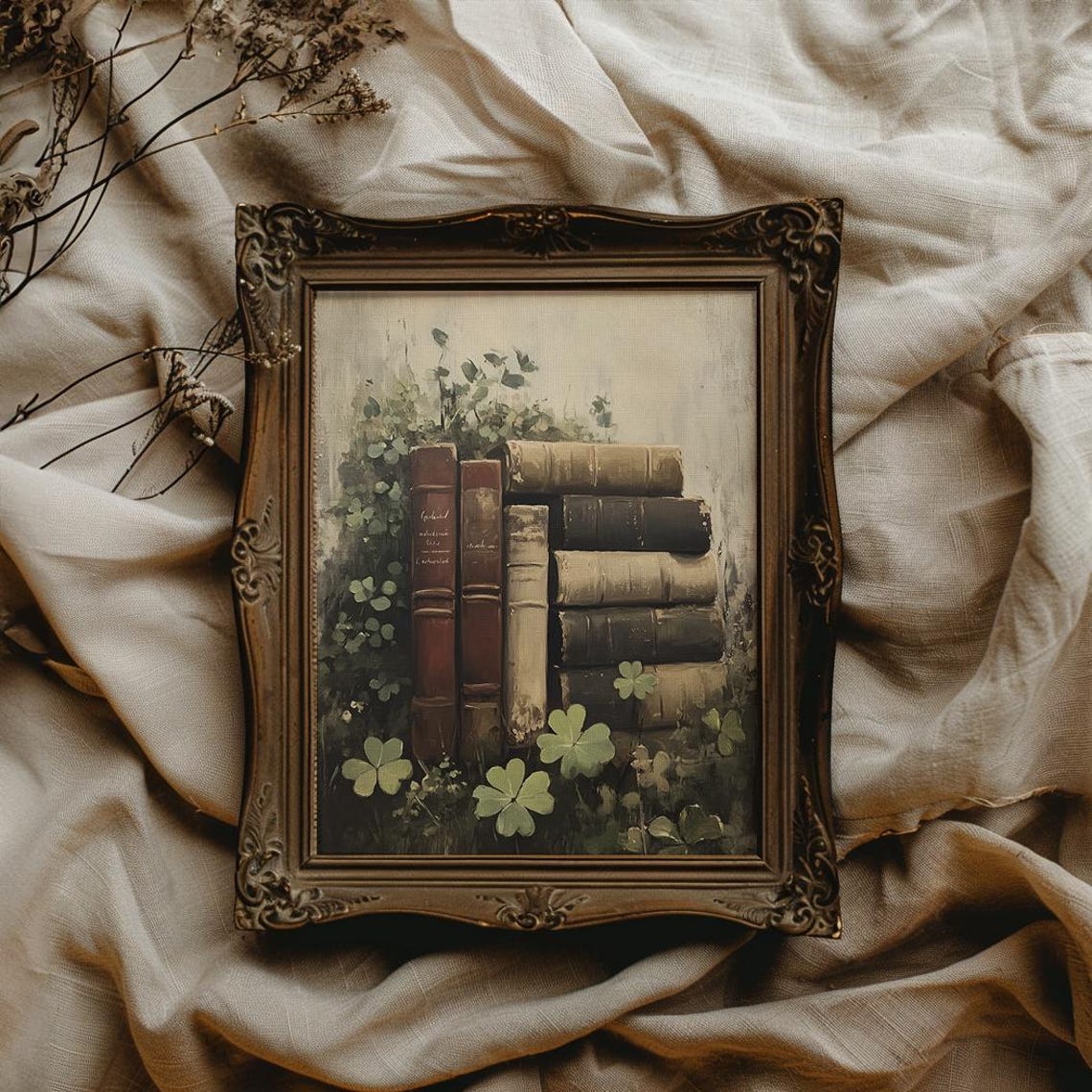 Stack Of Old Books With Shamrocks Vintage Bookish Green Poster - Image 2