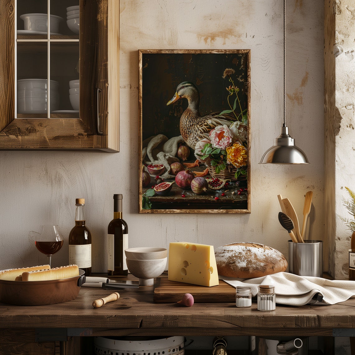 Mallard Duck Still Life With Figs Pomegranate And Flowers Poster - Image 3