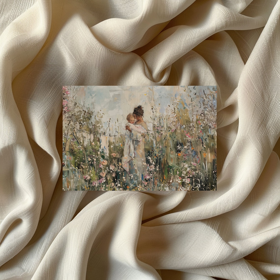 Mother Embracing Child in a Wildflower Garden Vintage Poster - Image 2