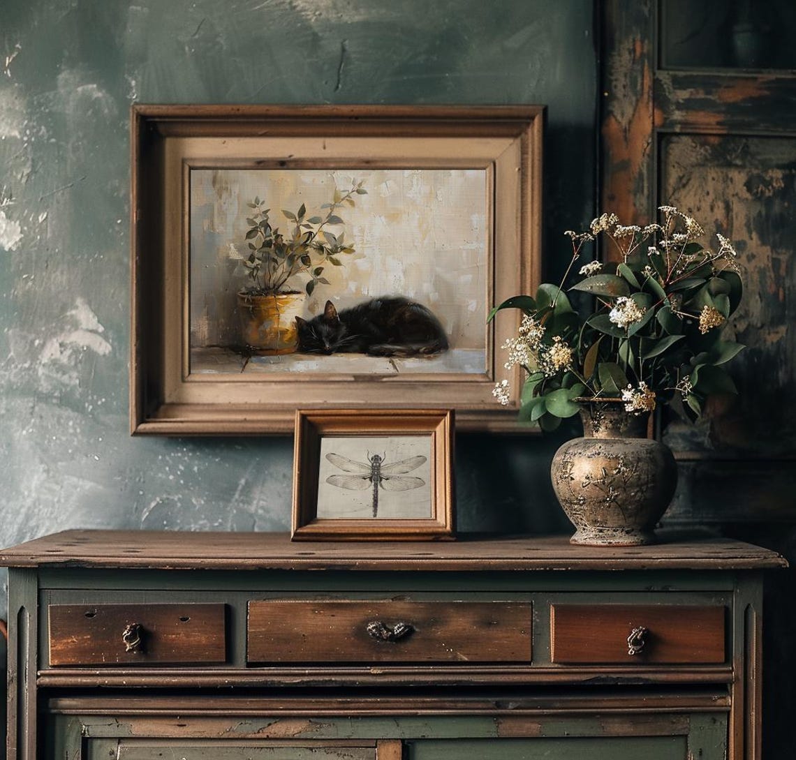 Black Cat Napping Next to a Golden Potted Plant Still Life Poster - Image 3