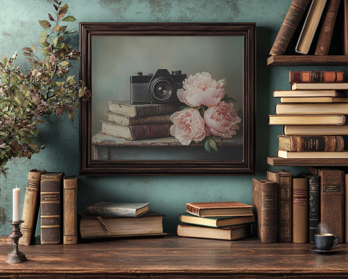 Vintage Film Camera on Old Books with Blush Pink Peonies Poster - Image 4
