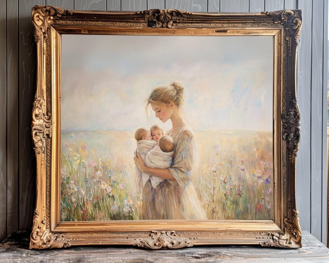 Mother Holding Three Babies Wildflower Field Triplets Art Poster - Image 3