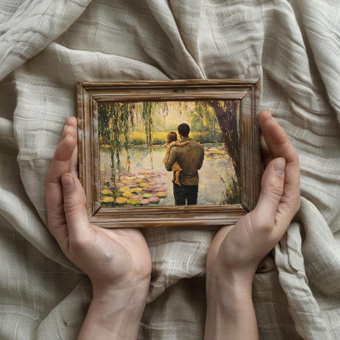 Father Holding Daughter by the Lily Pond Willow Trees Poster - Image 3