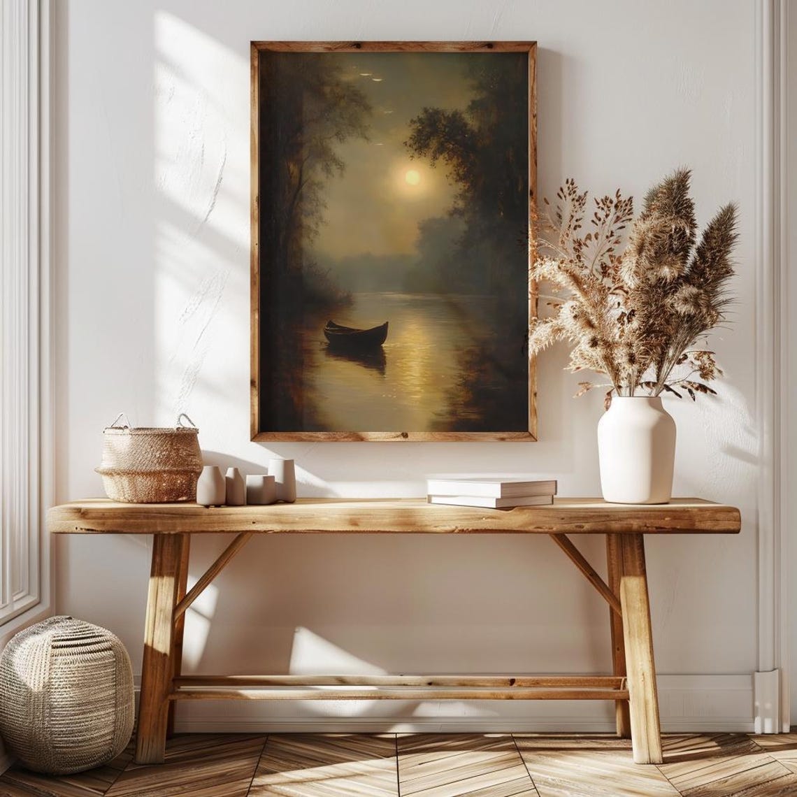 Canoe On Moonlit River At Night Vintage Dark Waterscape Poster - Image 3