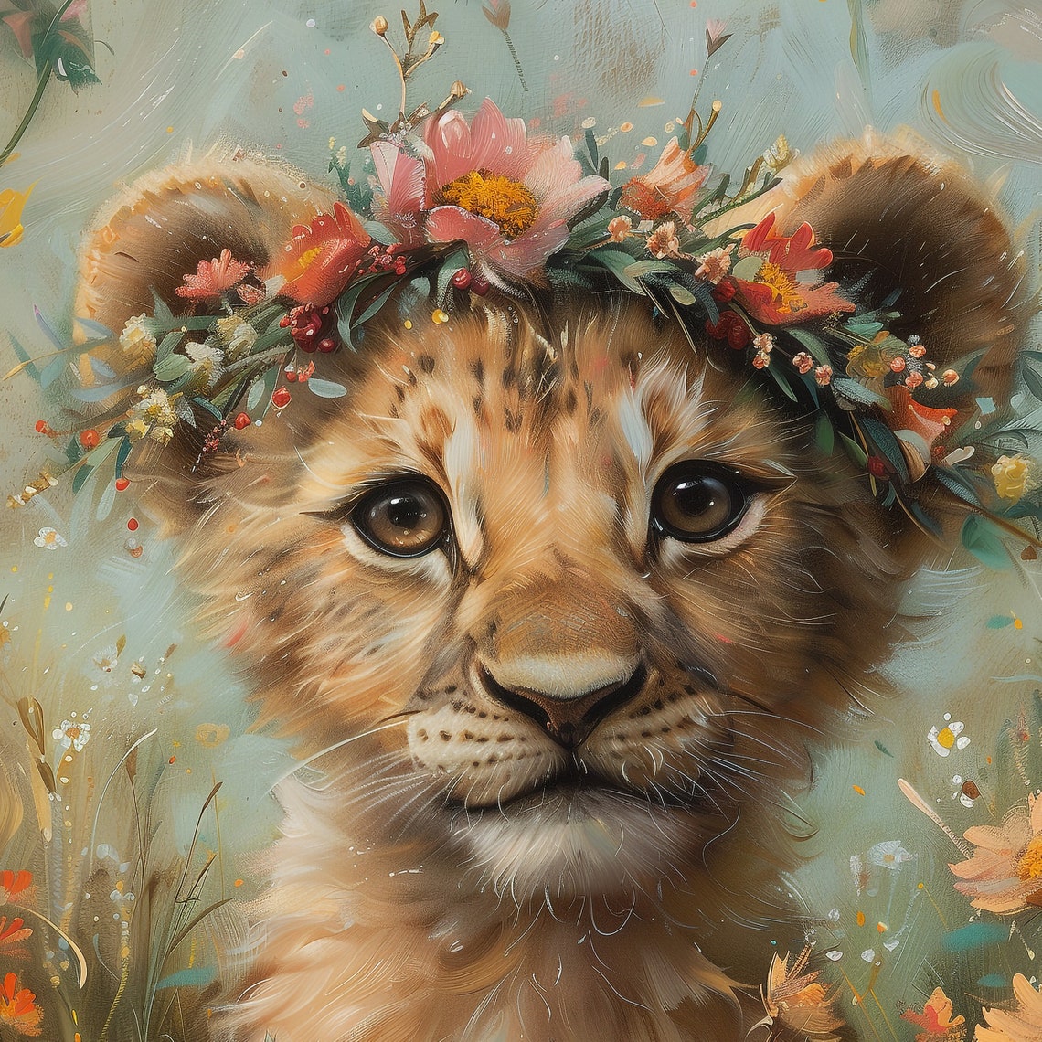 Lion Cub Wearing a Flower Crown Sitting in a Wildflower Meadow Poster - Image 3