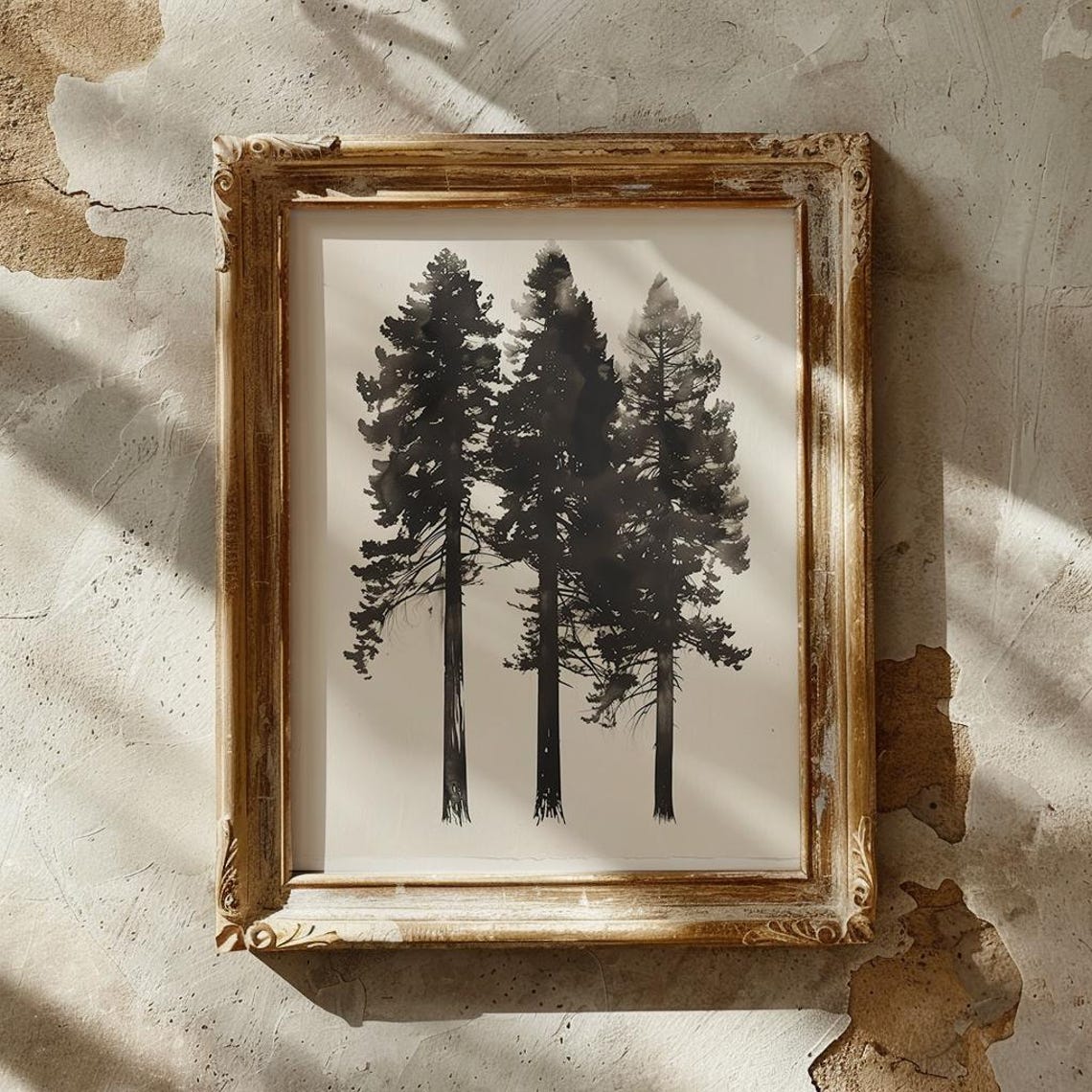 Three Tall Pine Trees Minimalist Black Ink Watercolor Poster - Image 4