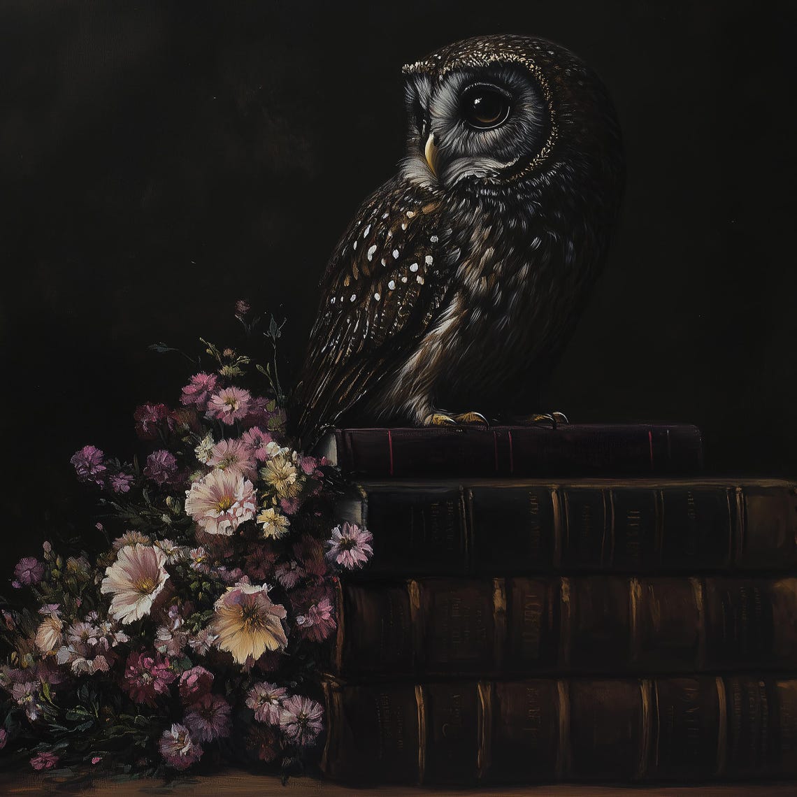 Owl on a Stack of Old Books with Flowers Dark Academia Poster - Image 4