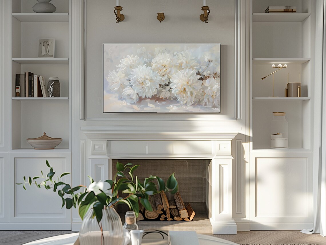 White Dahlia Blossoms Botanical Still Life Oil Painting Wall Art - Image 2