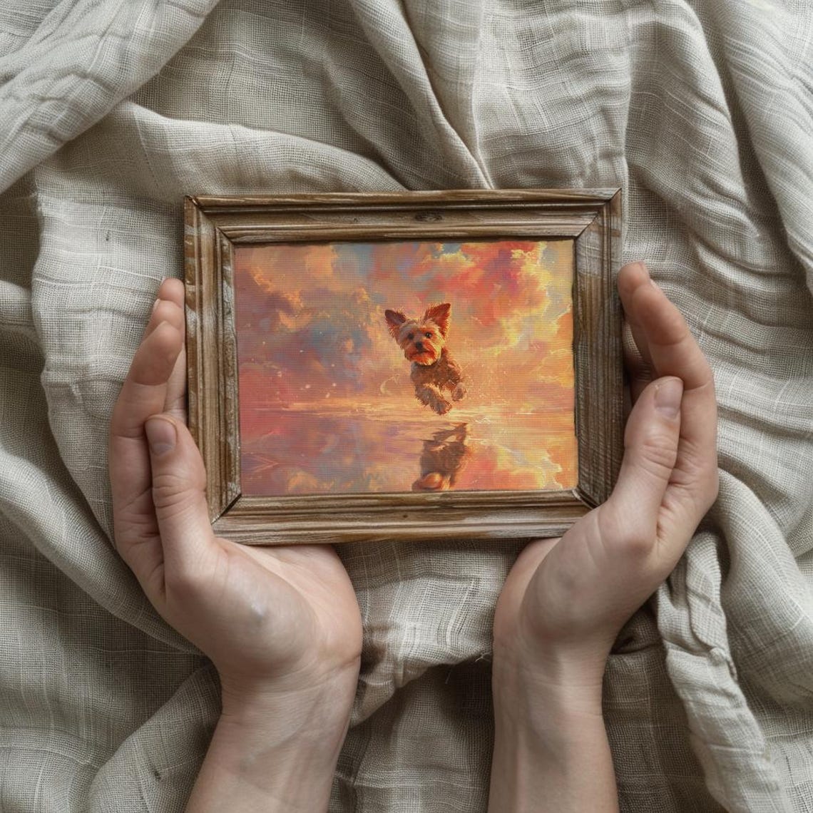Yorkie Leaping Through Sunset Sky Dreamy Pet Memorial Art Poster - Image 2