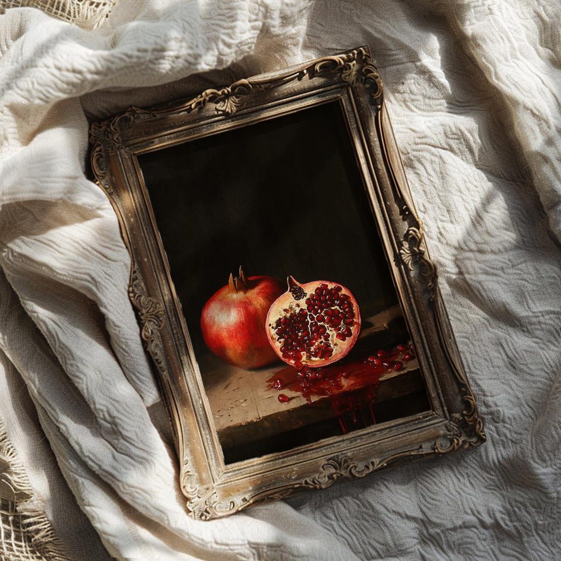 Dark Moody Pomegranate Still Life Fruit Oil Painting Wall Poster - Image 2