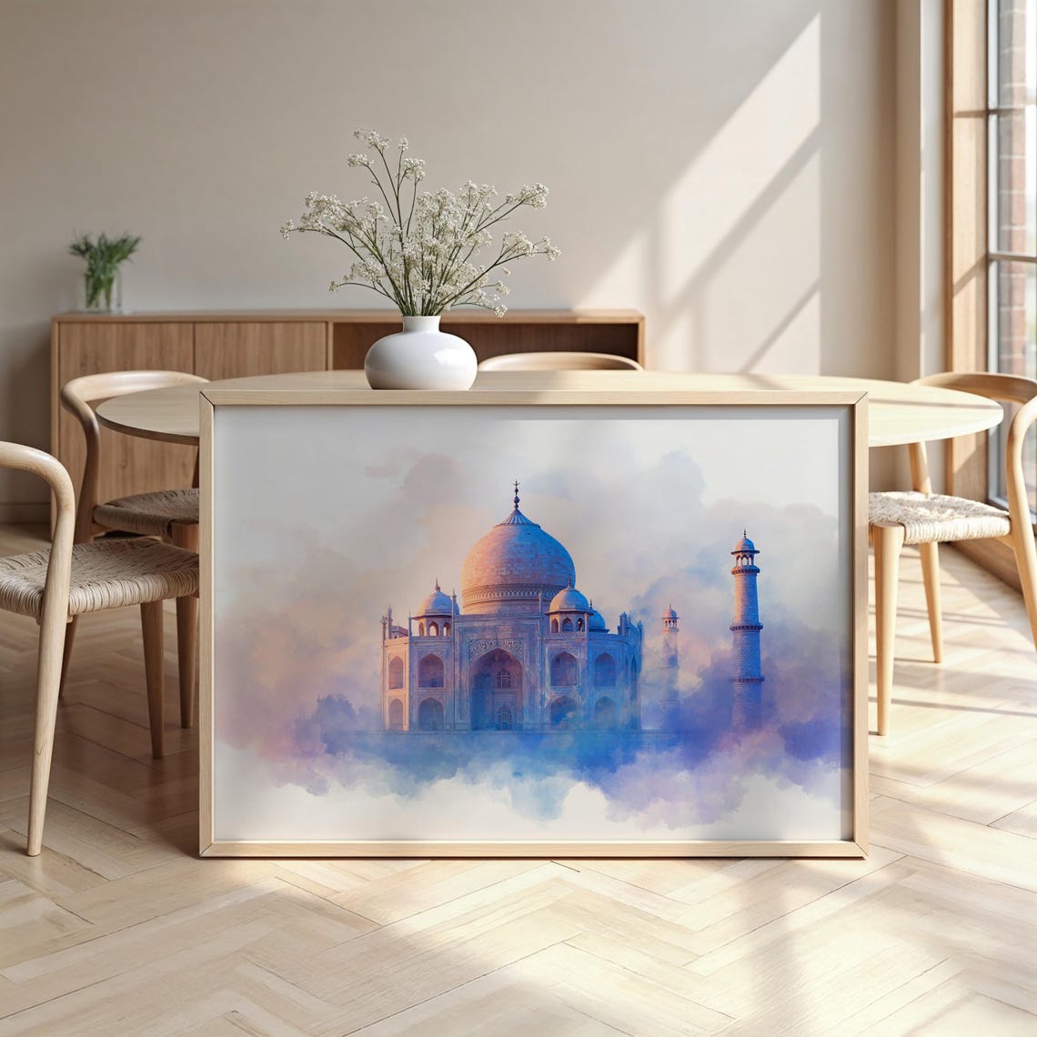 Taj Mahal Dreamy Blue Pink Watercolor Mist Ivory Dome Landmark Poster