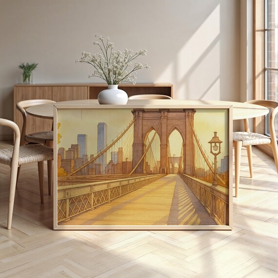 Brooklyn Bridge Watercolor Poster Golden Morning Walkway Manhattan Skyline Art