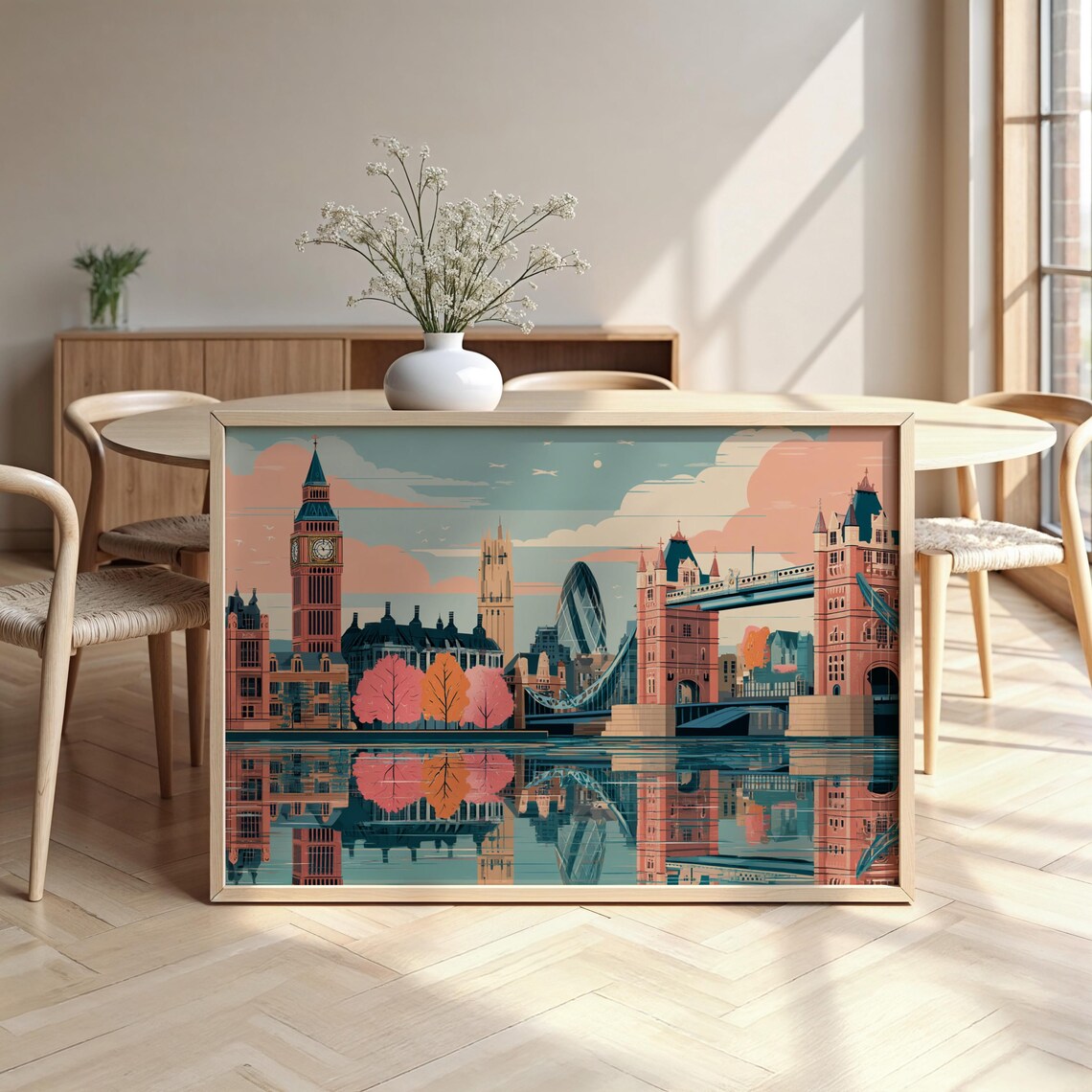 London Thames Skyline Big Ben Tower Bridge Pastel Autumn Travel Art Poster
