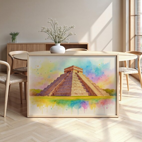 Chichen Itza Mayan Pyramid Watercolor Rainbow Wash Mexico Travel Poster