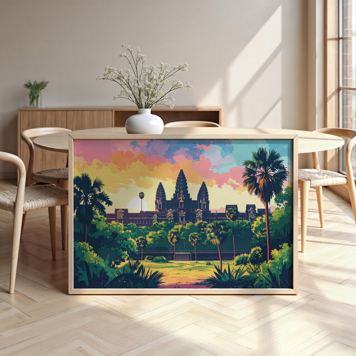 Angkor Wat Sunset Illustration Palm Trees Cambodia Temple Travel Poster