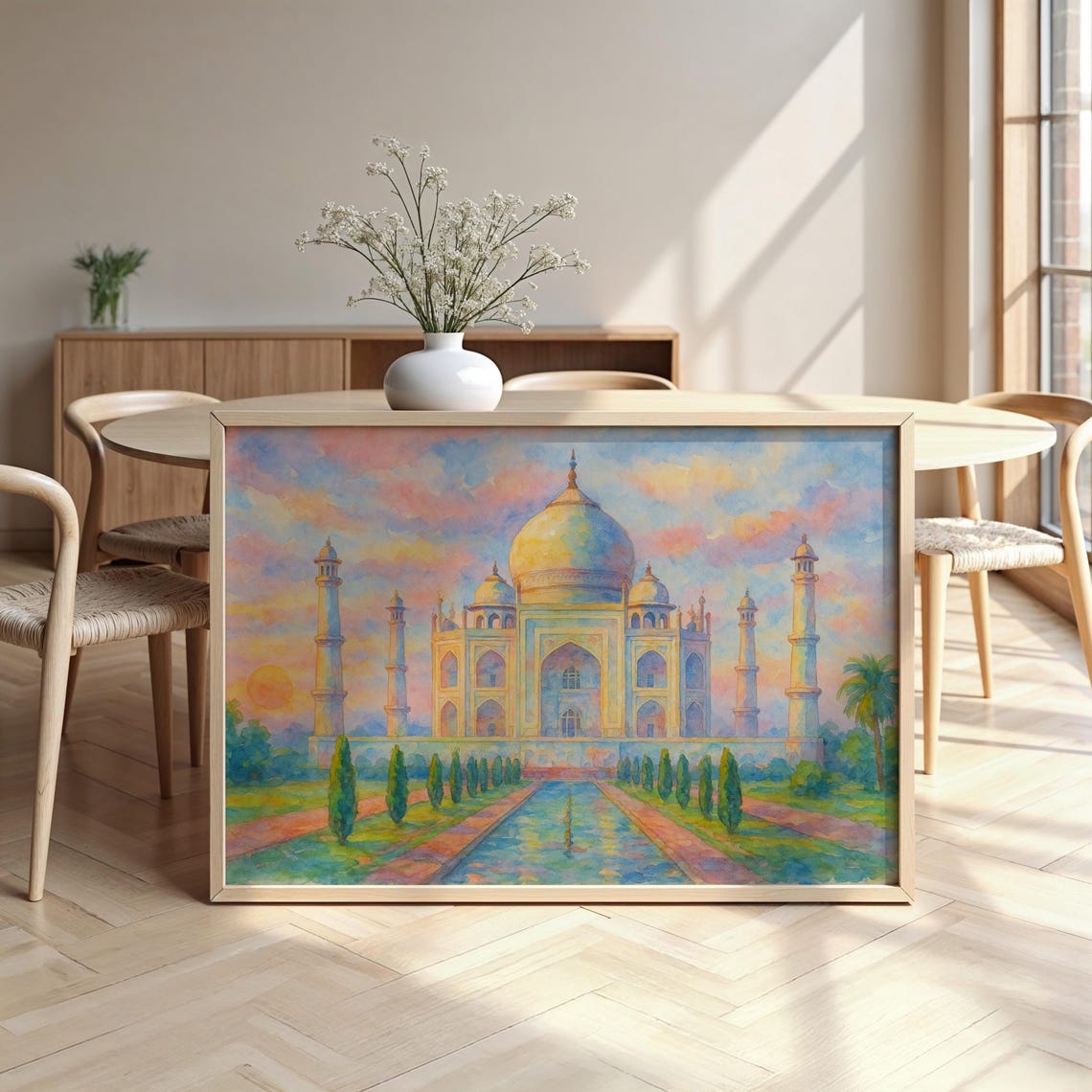 Taj Mahal Pastel Watercolor Sunrise Reflection Garden Art Poster