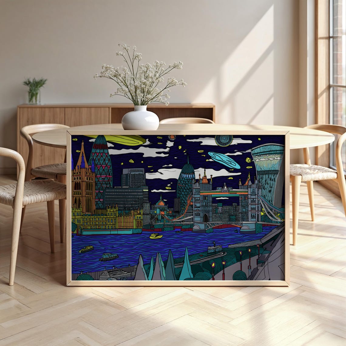 Abstract London Night Skyline Line Art Tower Bridge City Poster