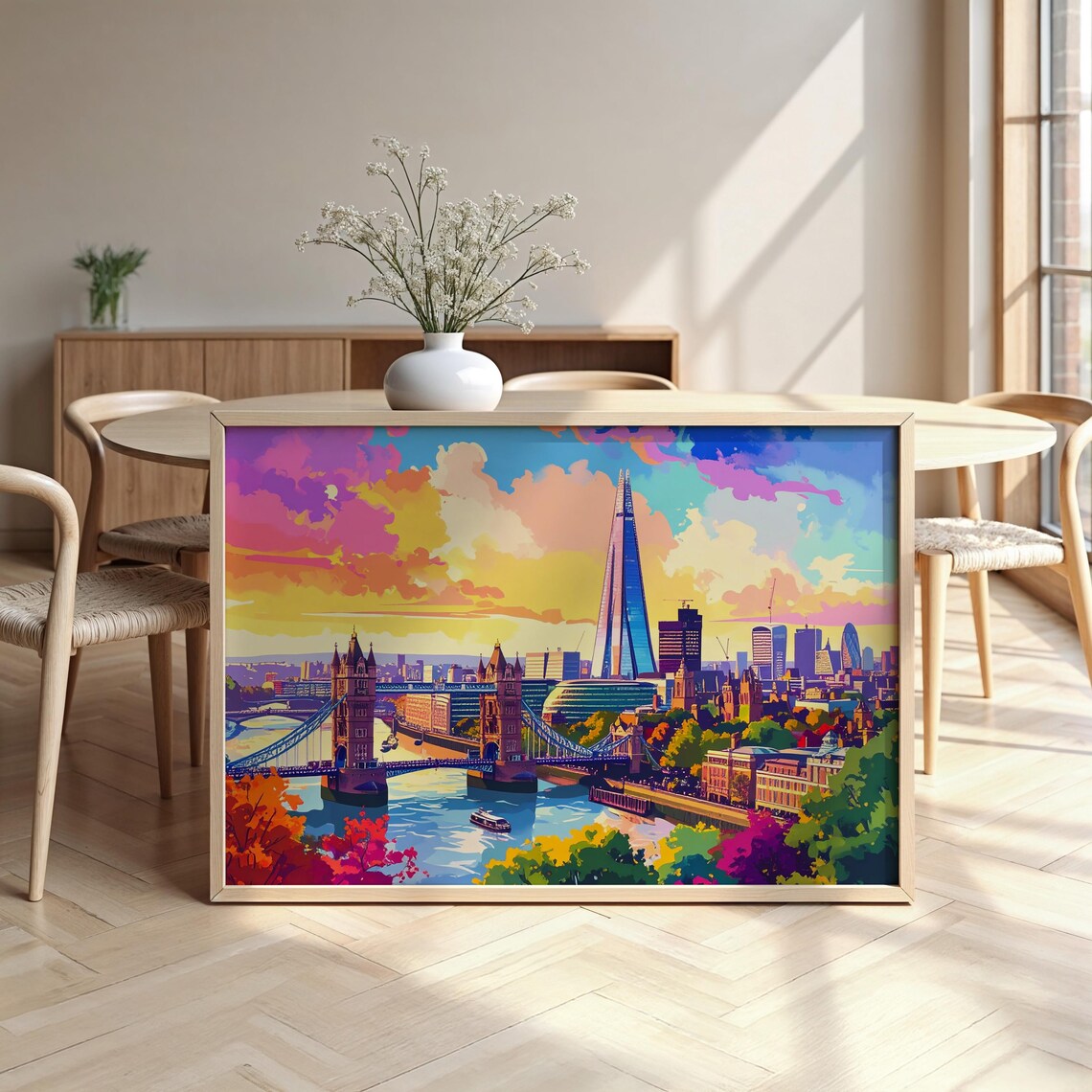 London Watercolor Tower Bridge Shard Sunset Skyline Wall Art