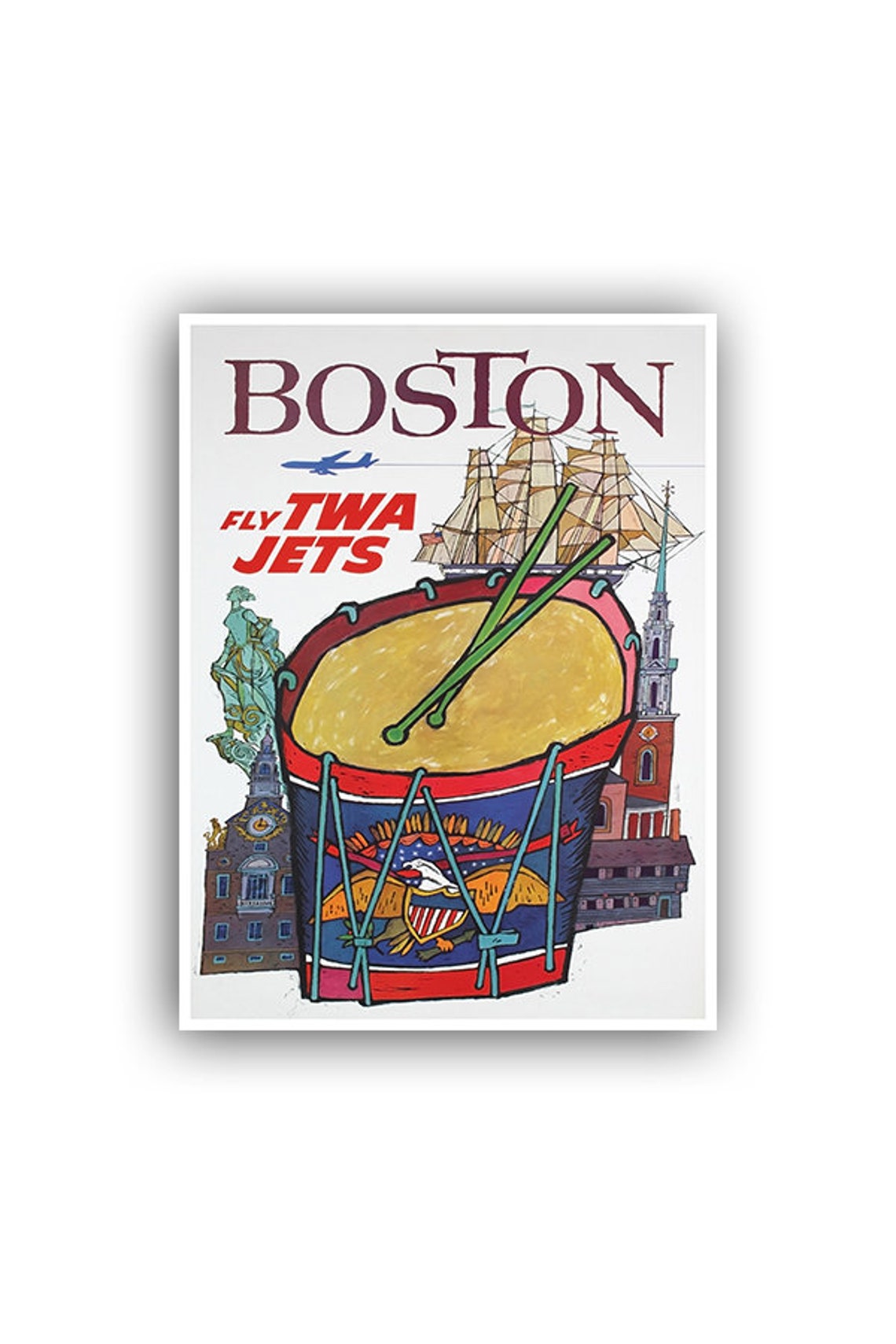 Boston Fly TWA Jets Poster David Klein Drum Tall Ship Liberty Retro