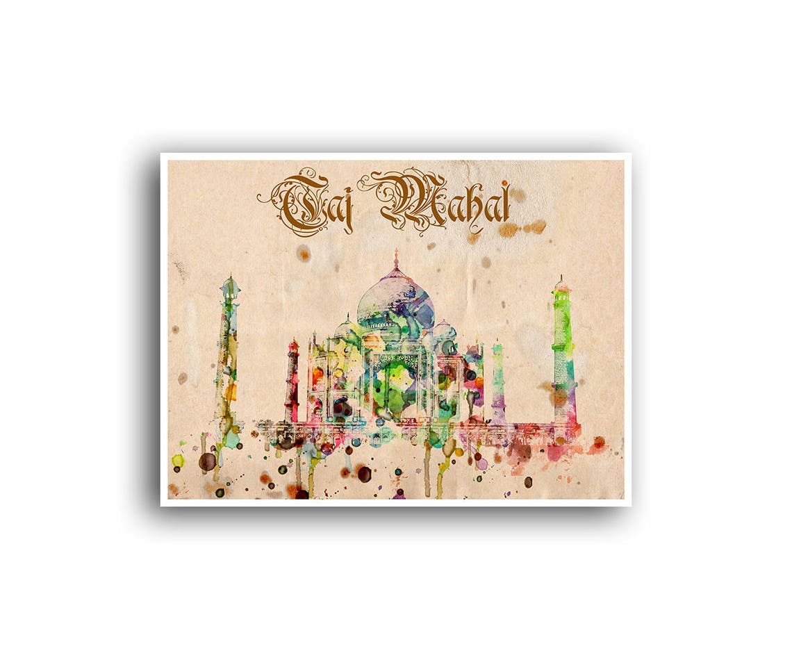 Modern Taj Mahal Watercolor Splash India Travel Art Poster Decor