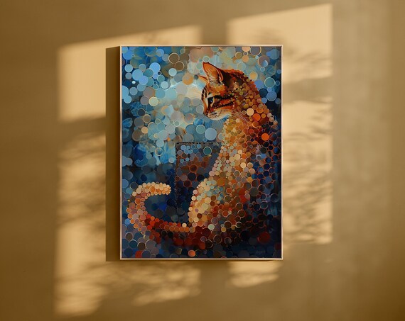Pointillist Orange Tabby Cat Mosaic Dot Painting Blue Decor Poster