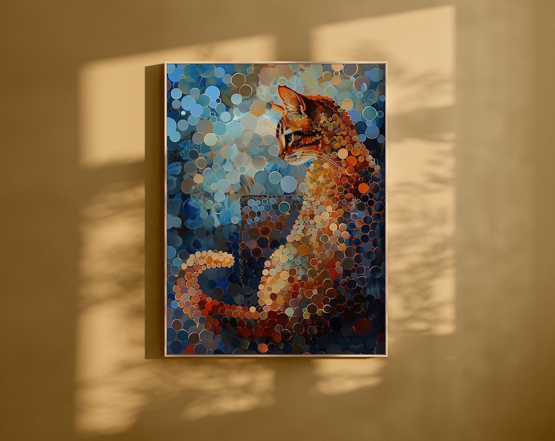 Pointillist Orange Tabby Cat Mosaic Dot Painting Blue Decor Poster