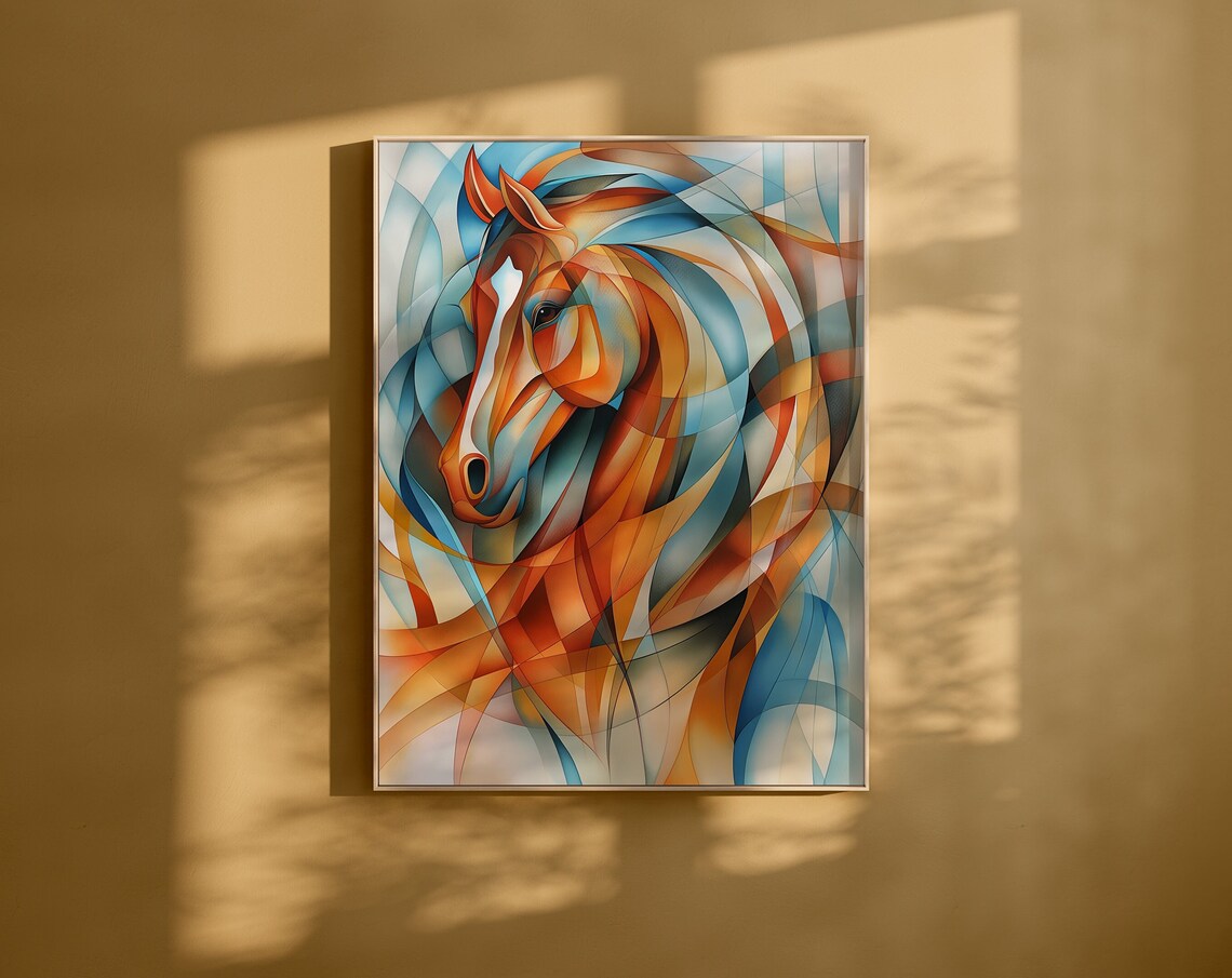 Geometric Horse Head with Blue and Orange Ribbons Art Poster