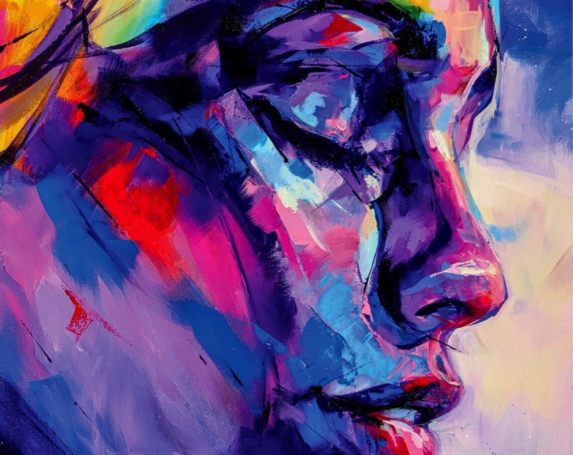 Abstract Woman Profile Close Up Purple Oil Painting Art Poster