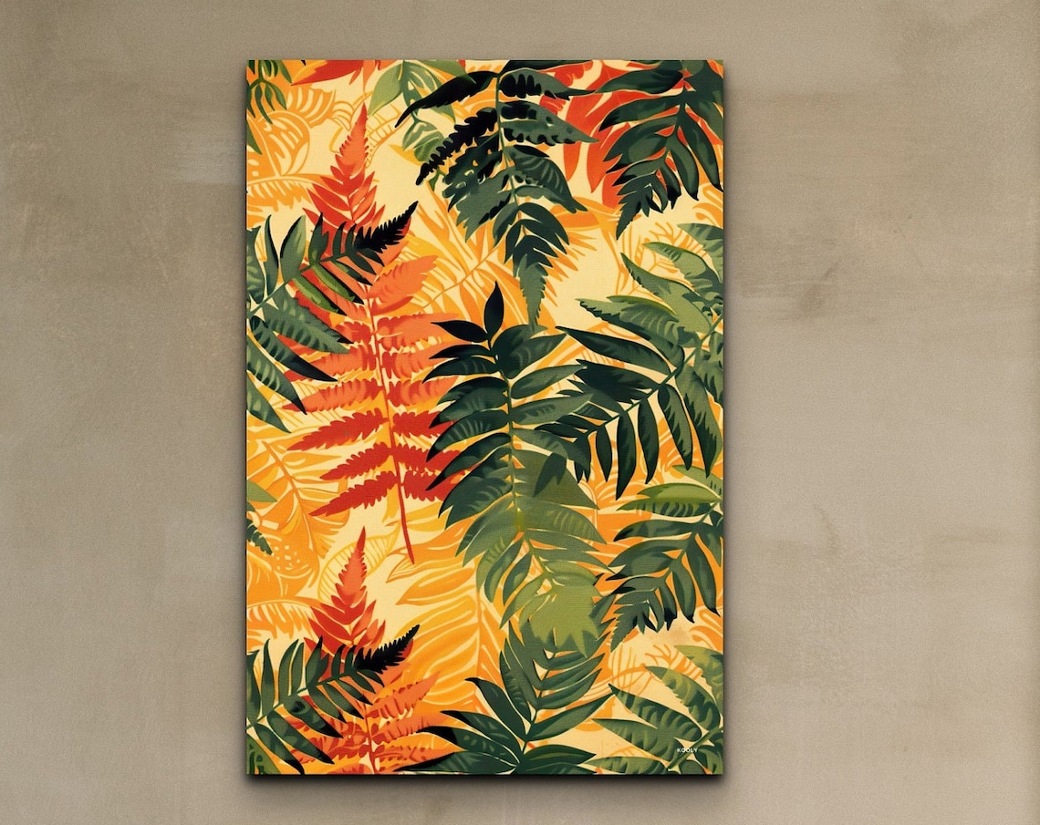 Autumn Fern Leaves Pattern Orange Green Botanical Wall Print