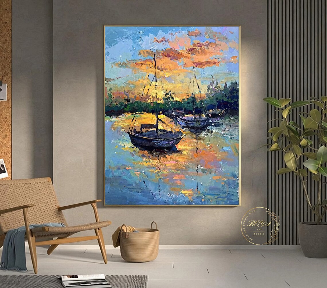 Sailboat Abstract Painting, Orange Sunset Seascape - Image 3