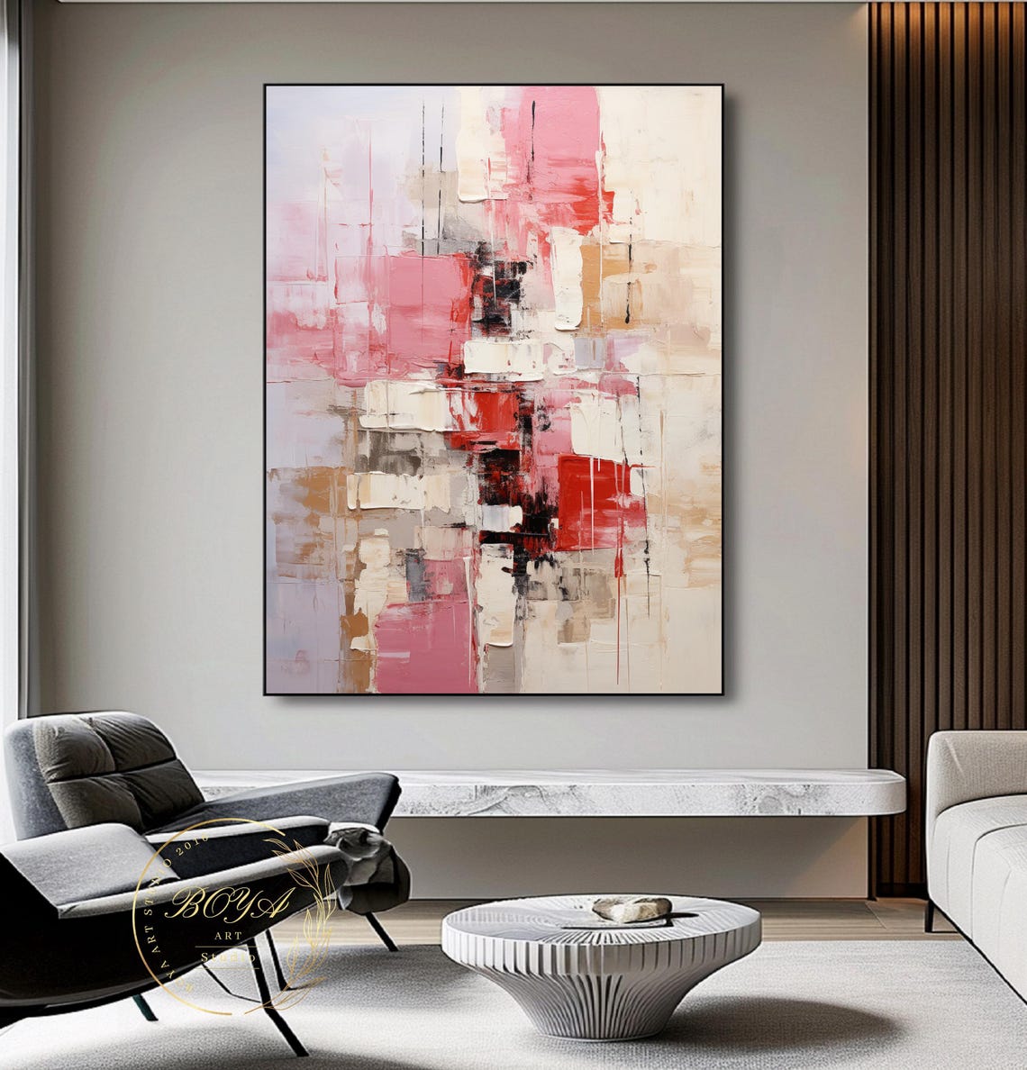 Warm Pink and Beige Block Brushstroke Modern Abstract Poster - Image 2