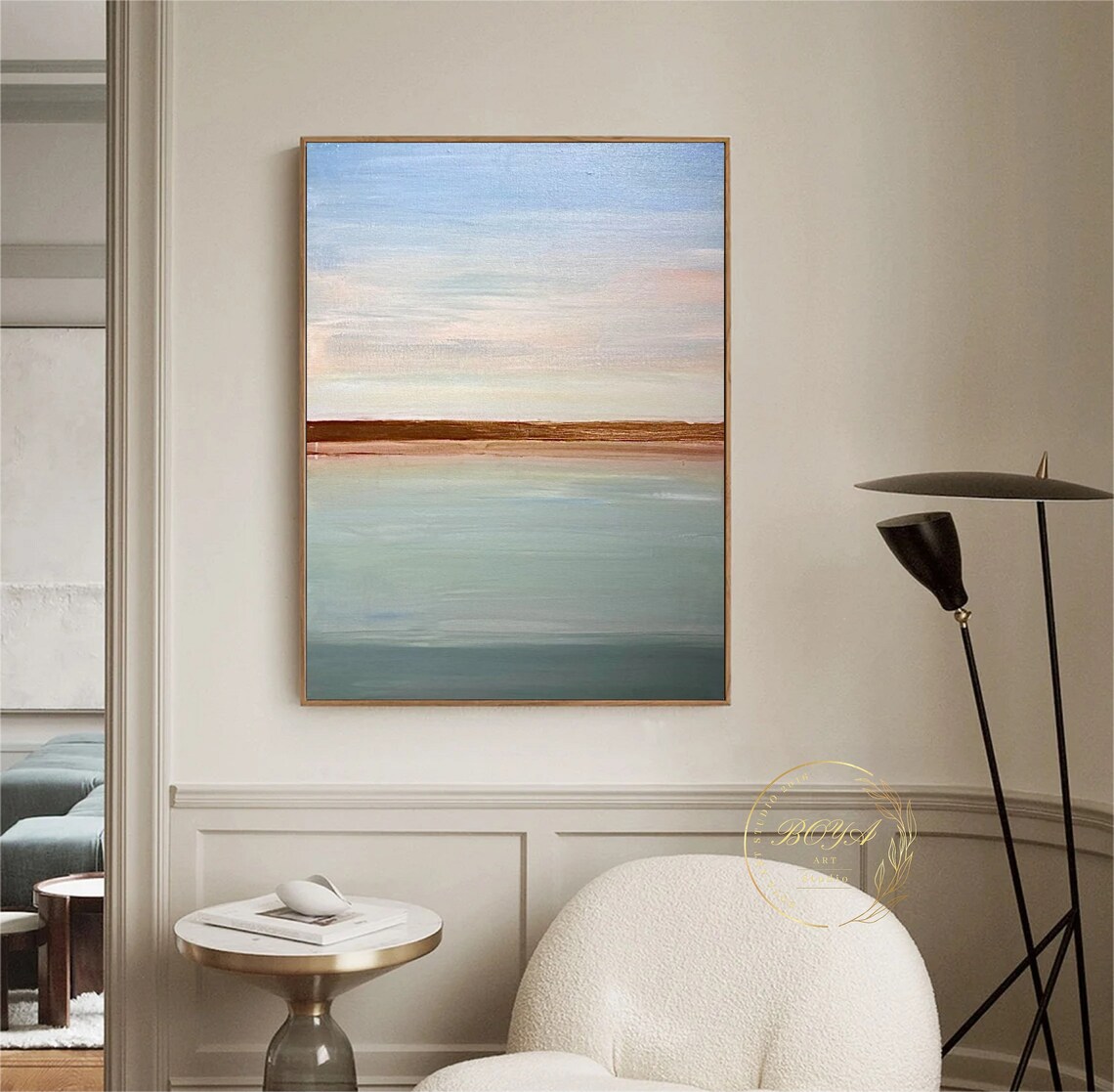 Minimal Pastel Horizon Seascape with Copper Band Artwork Poster - Image 3