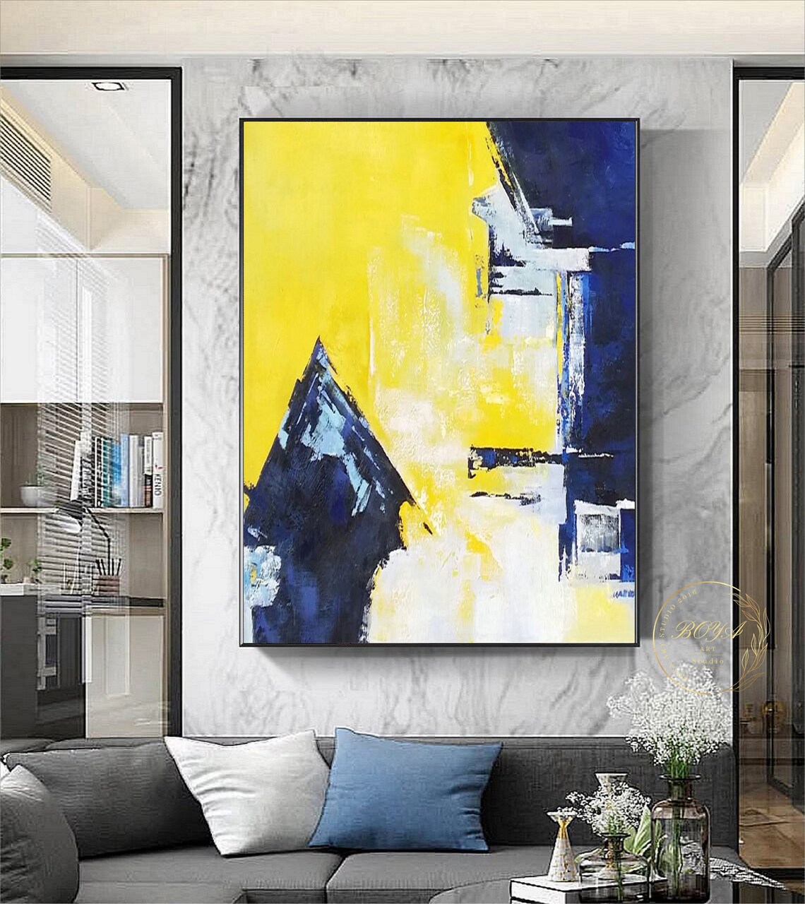 Yellow and Blue Geometric City Skyline Abstract Modern Art Poster - Image 5