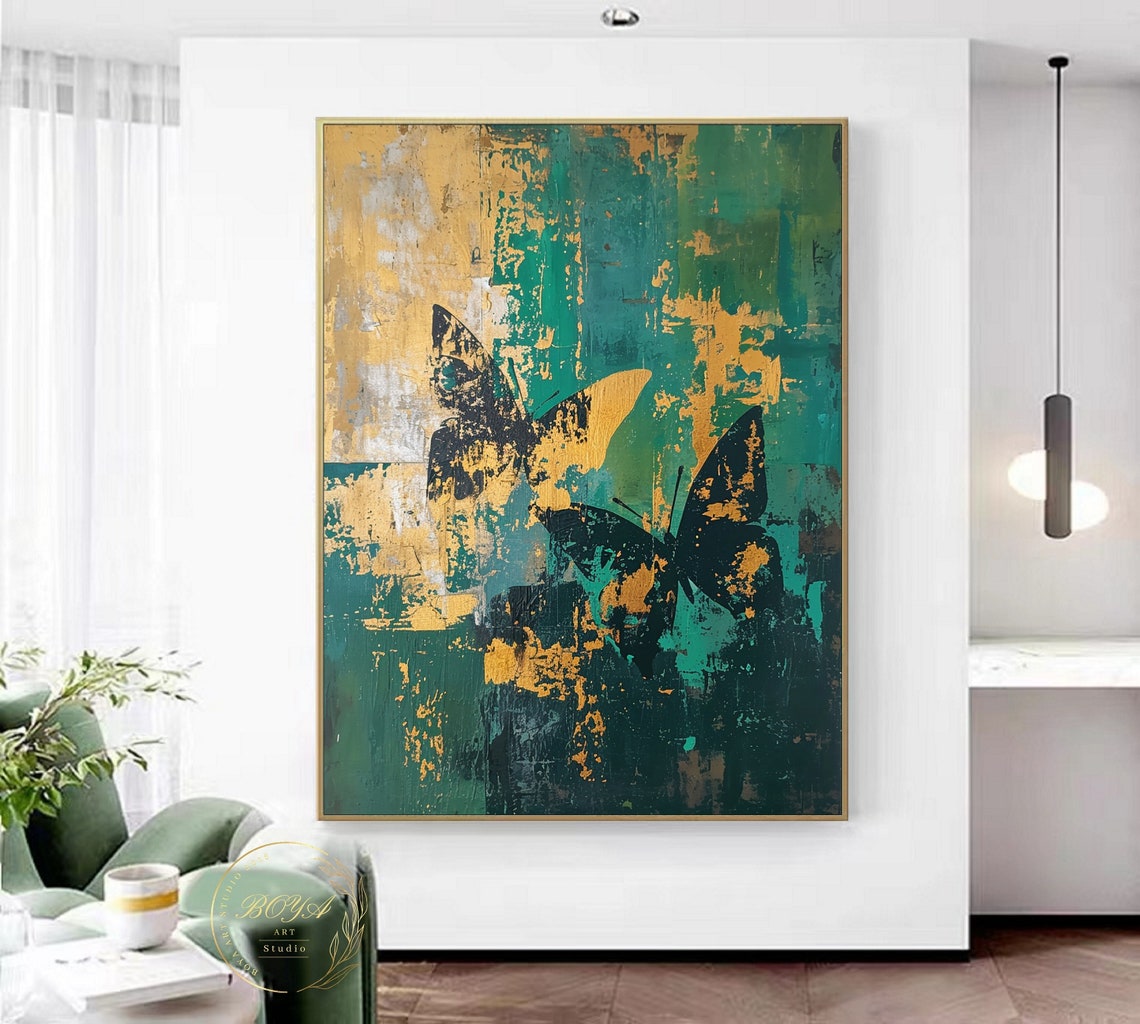 Original Butterfly Wall Art Large Green Oil Painting Gold Abstract Art Green Textured Painting Butterfly Abstract Painting Modern Art - Image 5