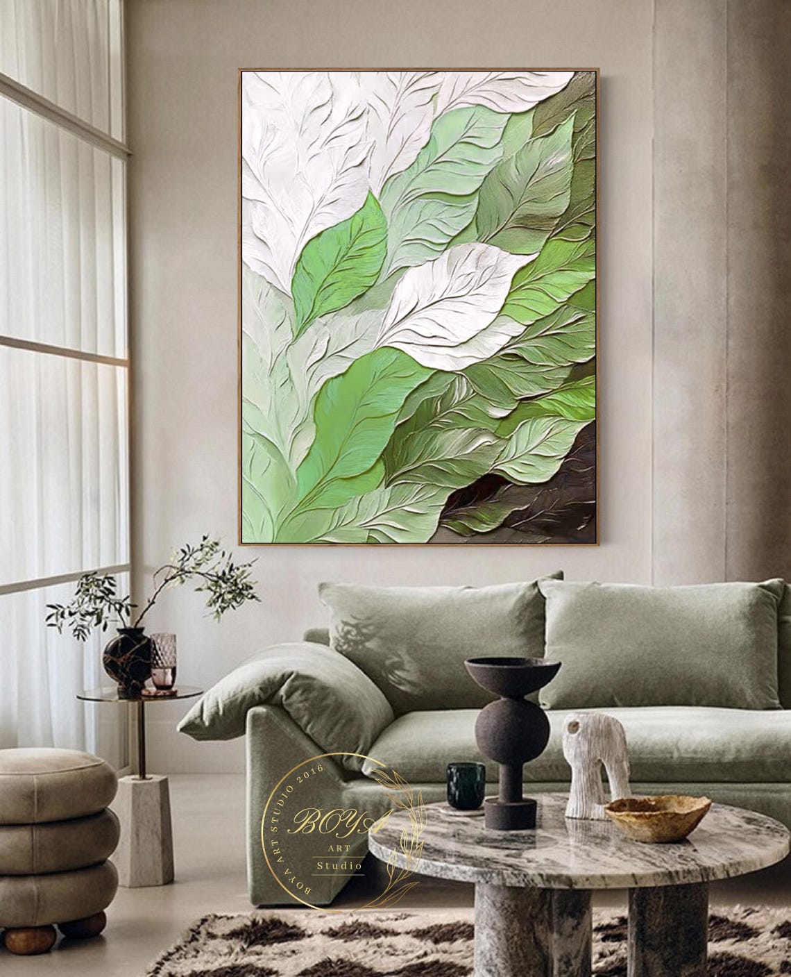 Sculptural White and Green Textured Leaves Botanical Wall Art - Image 4