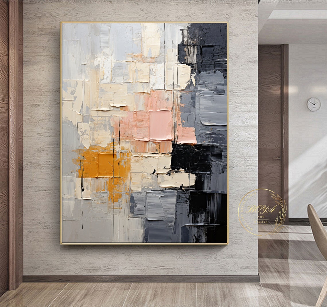 Original Black White Textured Art Large Black White Painting Pink Abstract Painting Minimalist Wall Art Beige Oil Painting Gray Art - Image 3
