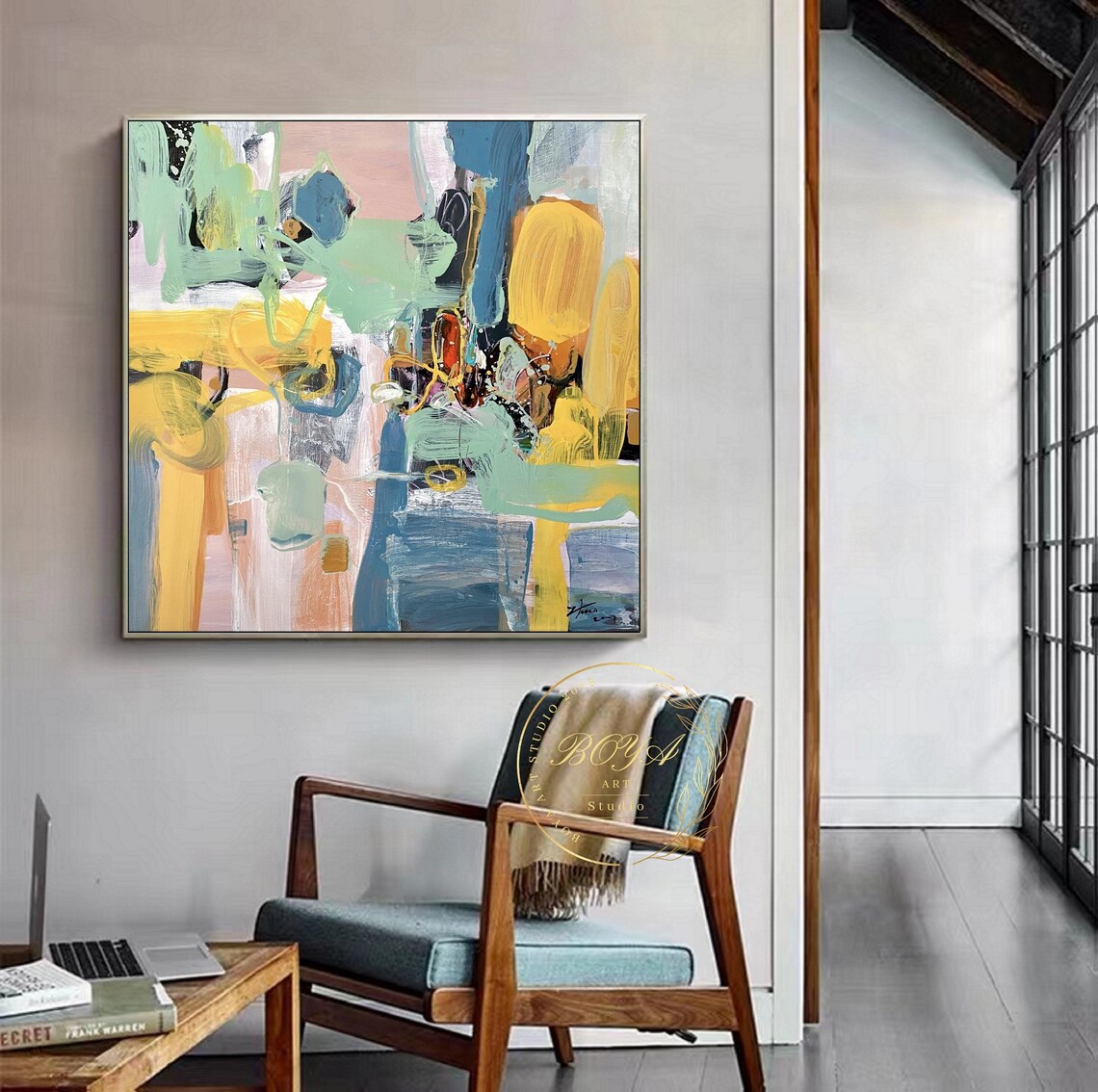 Multicolor Abstract Painting Green Abstract Art Green Textured Art Yellow Wall Painting Modern Abstract Art Blue Art Yellow Wall Art - Image 4