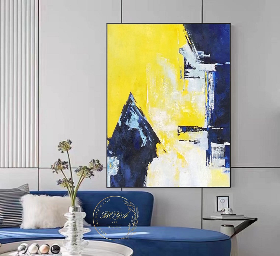Yellow and Blue Geometric City Skyline Abstract Modern Art Poster - Image 4