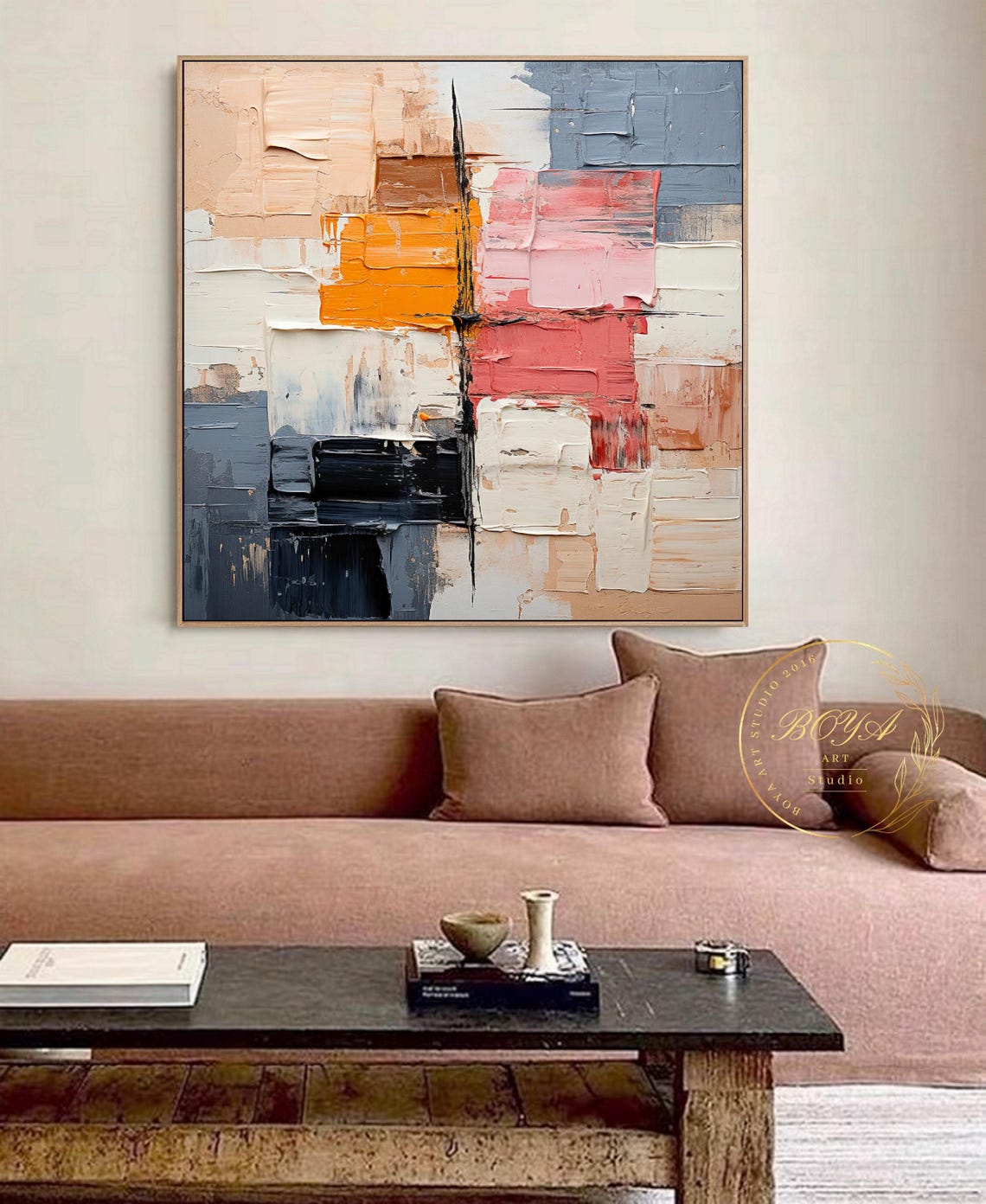 Warm Beige Orange Pink Patchwork Blocks Abstract Art Painting Poster - Image 3