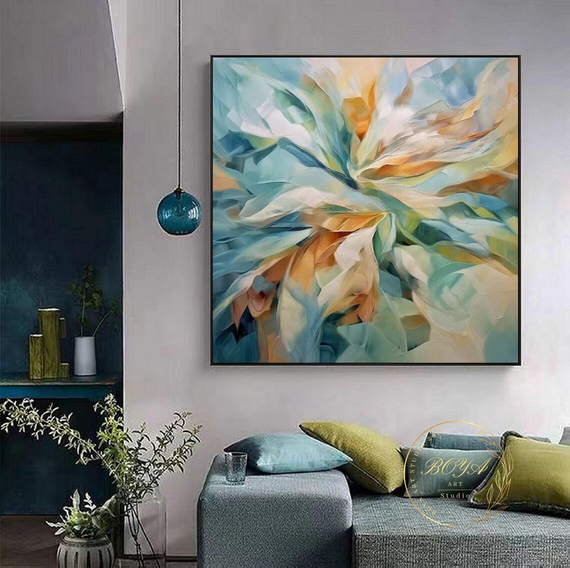 Blue Orange and Teal Blooming Flower Abstract Art Painting Poster - Image 5