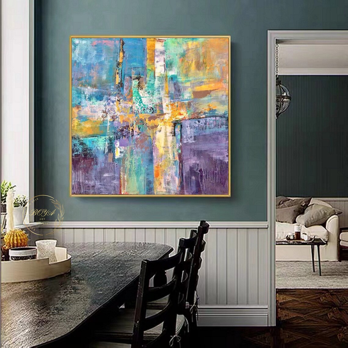 Vibrant Teal Purple and Gold Multicolor Abstract Canvas Poster - Image 2