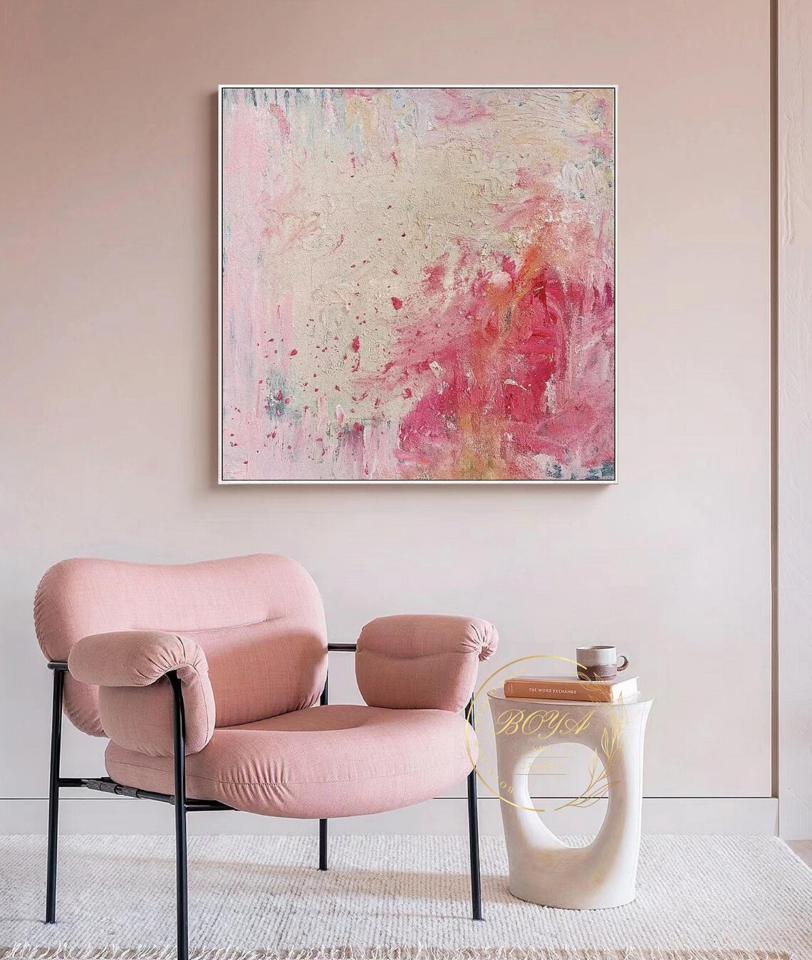 Pink Abstract Texture Painting, Modern Beige Art Print - Image 5