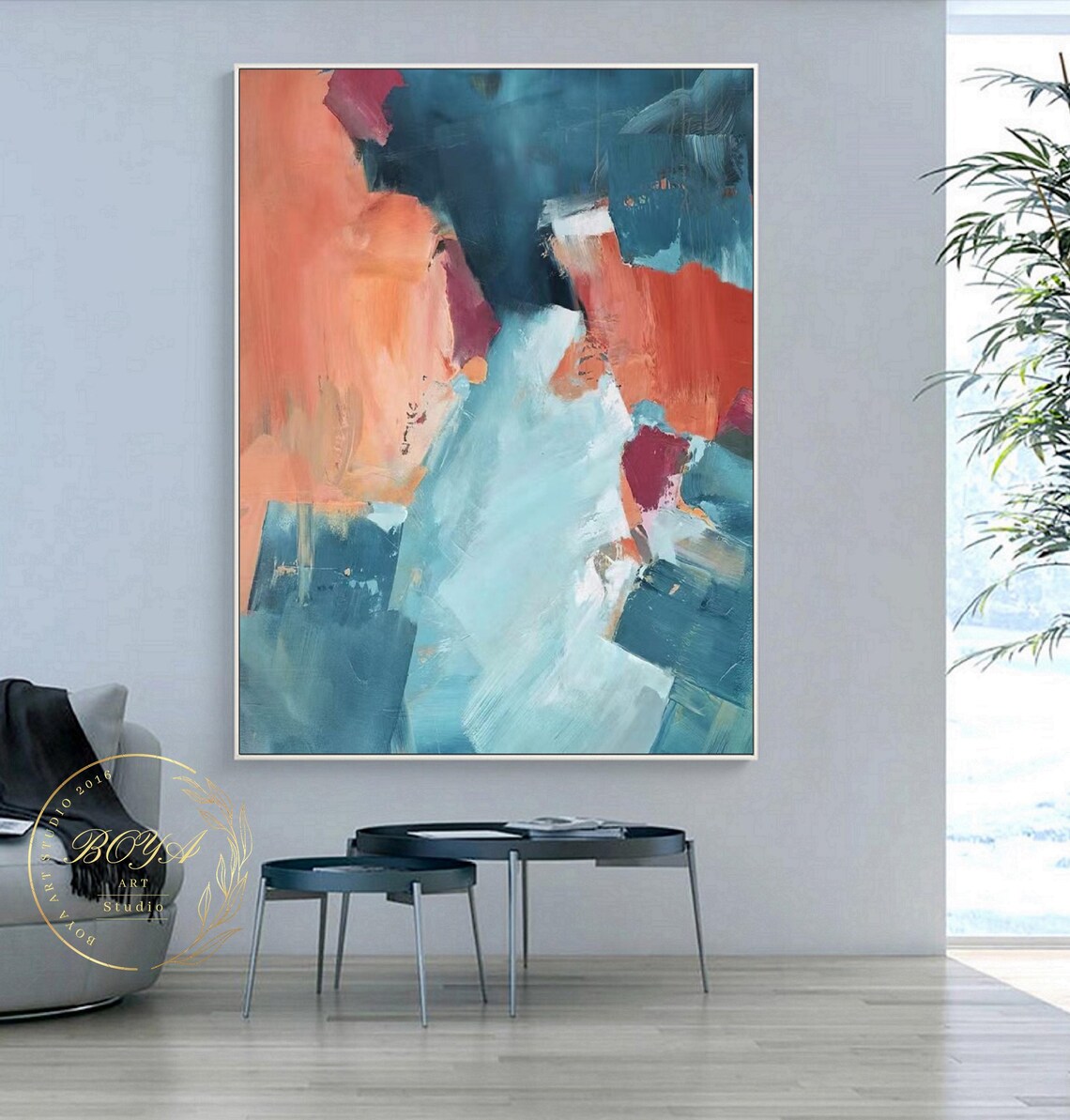 Peacock Blue and Orange Abstract Wall Art Print - Image 3