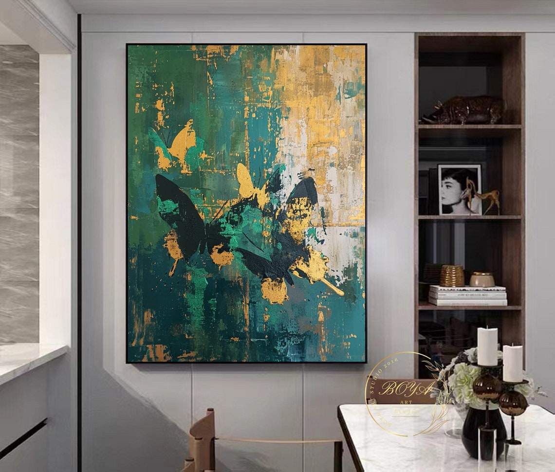 Large Green Wall Painting Butterfly Abstract Art Original Gold Textured Art Butterfly Wall Painting Green Art Modern Gold Painting - Image 2