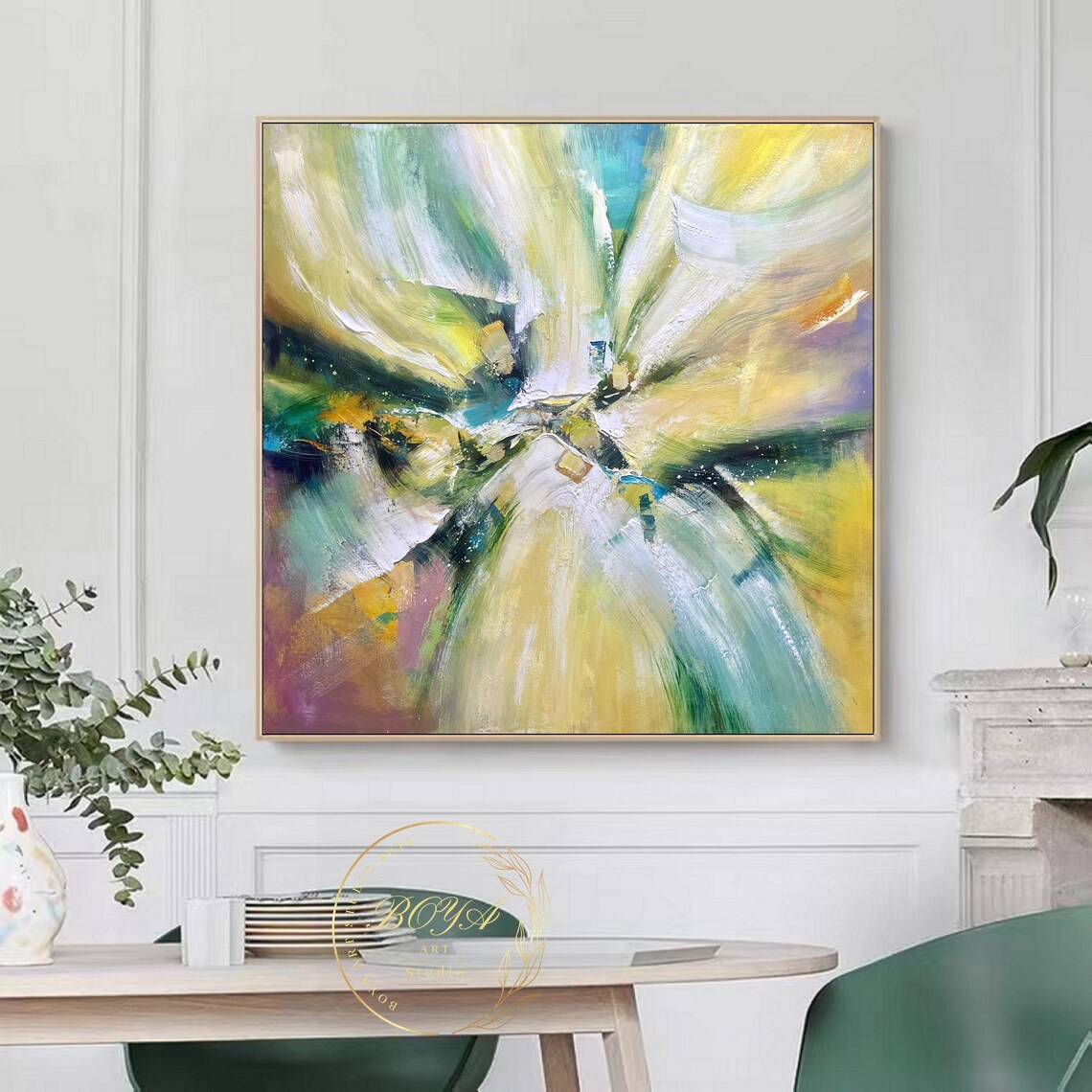 Green Abstract Painting Large Multicolor Wall Art Original Yellow Painting Modern Green Wall Art Yellow Abstract Art White Textured Painting - Image 2