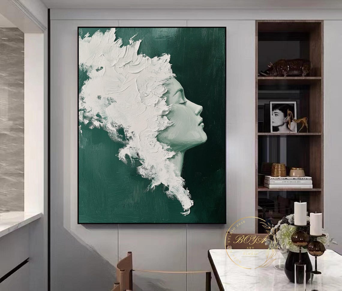 Woman Profile Sculpted in White Impasto on Emerald Green Poster - Image 5