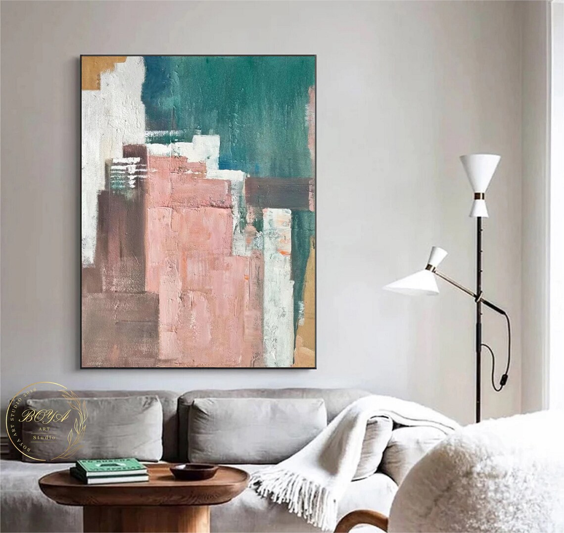Textured Rose Pink Teal and Gold Blocks Abstract Painting Poster - Image 2